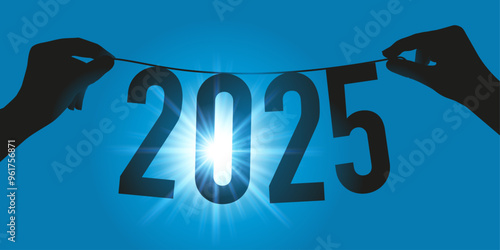 Carte de vœux symbolisant les vacances pour l’année 2025, avec une guirlande tenue par deux mains face aux rayons du soleil.