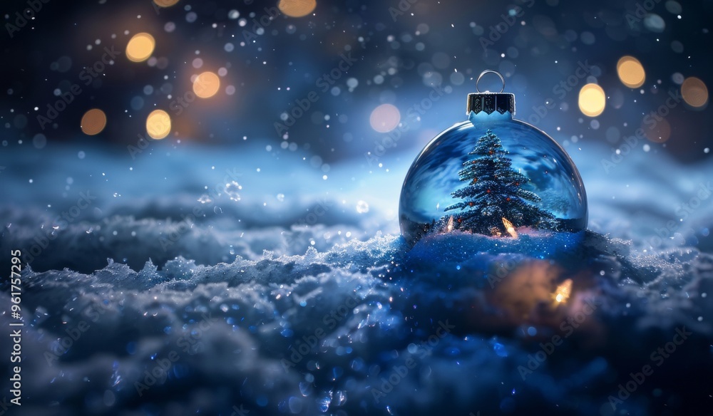 A beautifully decorated Christmas tree is enclosed in a glass bauble, nestled in the snow. The background, filled with bokeh lights, creates a dreamy, festive atmosphere, evoking holiday warmth cheer A beautifully decorated Christmas tree is enclosed in a glass bauble, nestled in the snow. The background, filled with bokeh lights, creates a dreamy, festive atmosphere, evoking holiday warmth cheer