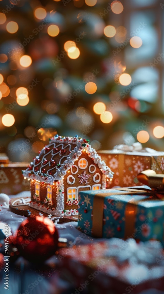 Festive gingerbread house with Christmas lights and presents under the tree, creating a cozy holiday atmosphere. Festive gingerbread house with Christmas lights and presents under the tree, creating a cozy holiday atmosphere.