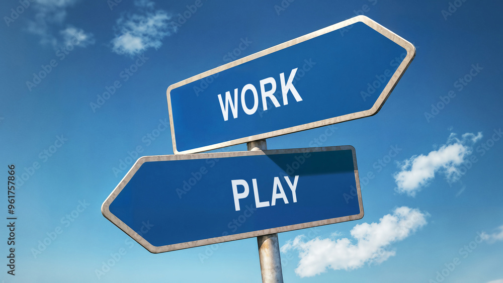 Two directional road signs with work and play options, symbolic crossroads under a clear blue sky, career versus leisure choice concept, work-life balance represented by signpost decision Two directional road signs with work and play options, symbolic crossroads under a clear blue sky, career versus leisure choice concept, work-life balance represented by signpost decision