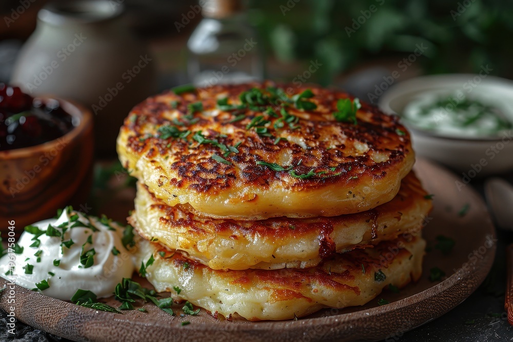 Russia: Syrniki Golden-brown cheese pancakes served with sour cream and a side of berry jam. Russia: Syrniki Golden-brown cheese pancakes served with sour cream and a side of berry jam.