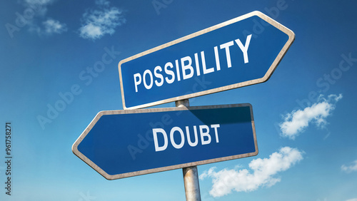 Two directional road signs with possibility and doubt options, symbolic crossroads under a blue sky, decision-making concept, choosing between optimism and uncertainty represented by signpost choice