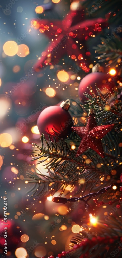 Festive Christmas tree with red ornaments and lights, creating a warm holiday atmosphere with golden bokeh background. Festive Christmas tree with red ornaments and lights, creating a warm holiday atmosphere with golden bokeh background.