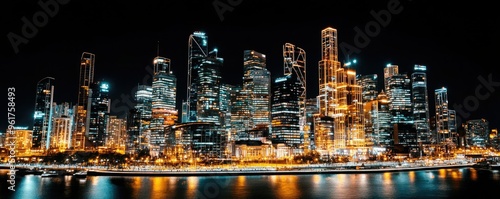 Stunning panoramic view of a modern city skyline illuminated at night, showcasing vibrant lights and tall buildings by the water.