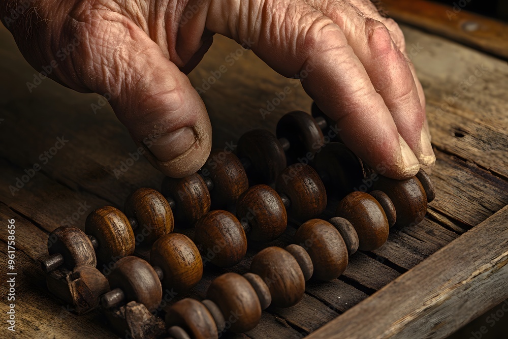 Closeup of an Aged Hand Counting on an Antique Abacus Closeup of an Aged Hand Counting on an Antique Abacus