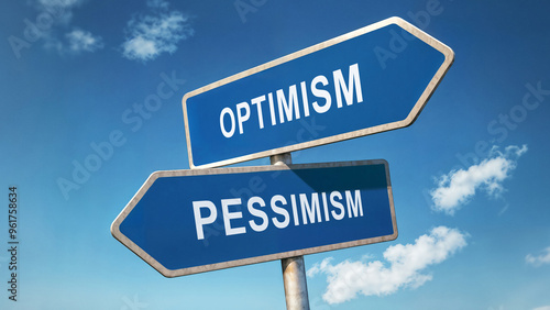 Two directional road signs with optimism and pessimism options, symbolic crossroads under a clear blue sky, decision-making concept, positive thinking and negativity represented by signpost choice photo