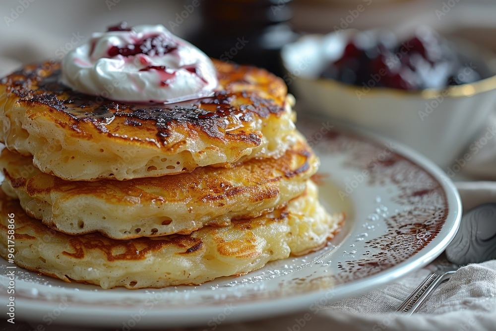 Russia: Syrniki Golden-brown cheese pancakes served with sour cream and a side of berry jam. Russia: Syrniki Golden-brown cheese pancakes served with sour cream and a side of berry jam.