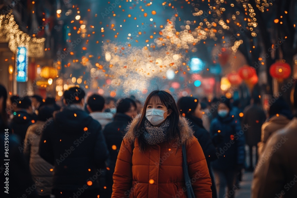 Young woman wearing face mask walking in crowded street during chinese new year celebrations Young woman wearing face mask walking in crowded street during chinese new year celebrations