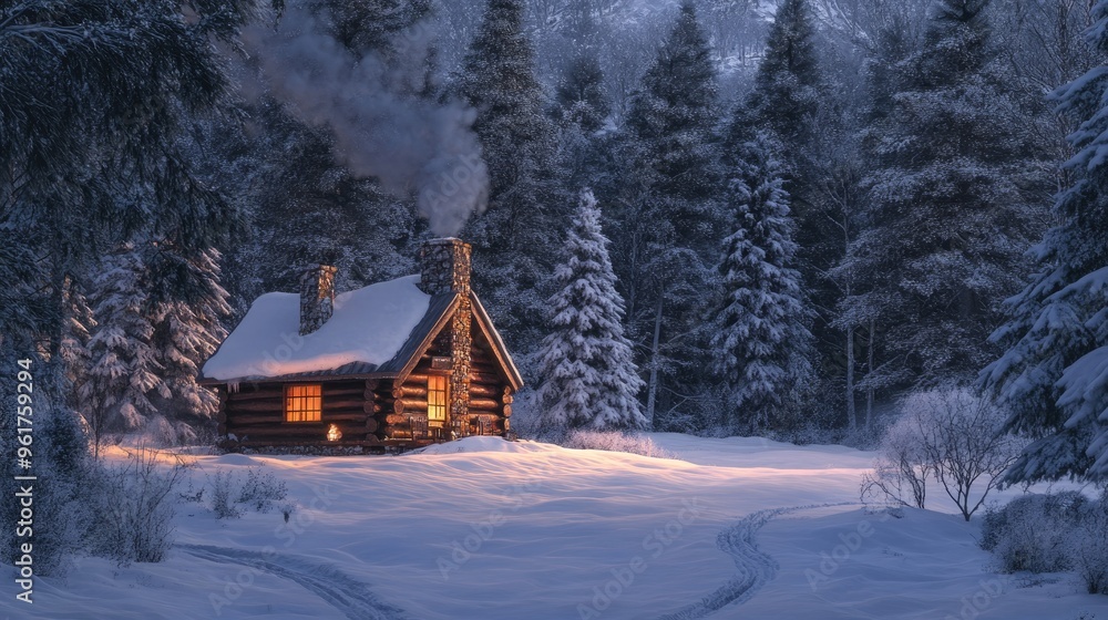 Naklejka premium Winter cabin in a snowy forest, with smoke rising from the chimney, evoking warmth and coziness.