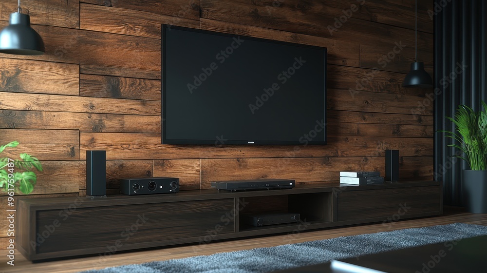 Modern Home Theater Setup with Flat Screen TV and Wooden Wall Modern Home Theater Setup with Flat Screen TV and Wooden Wall