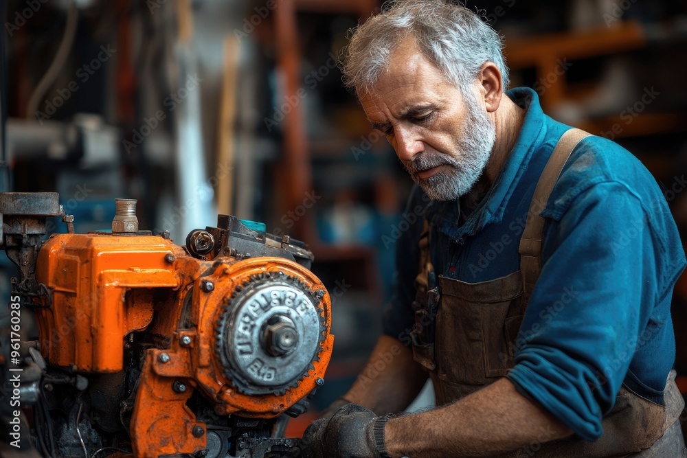 Senior mechanic working on large engine in workshop Senior mechanic working on large engine in workshop