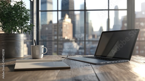 Modern office desk overlooking new york city skyline with laptop showing blank screen