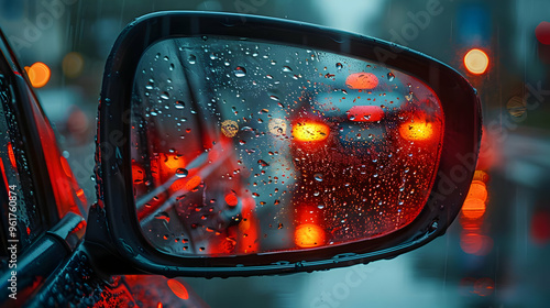 Rainy Night Car Mirror Reflection with Red Lights Illustration