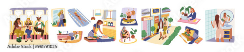 Woman life day. Home work and leisure. Sleep at morning. Shower and rest. People with phone. Sport training. Girl cooking dinner. Cinema watch. Walk with friends. Vector exact lifestyle scenes set