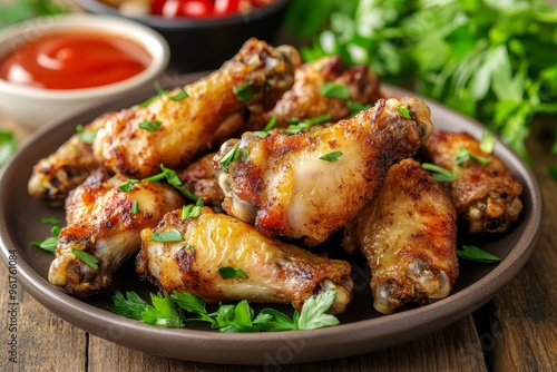 A plate of delicious grilled chicken wings with sauce and fresh herbs on a wooden background, close-up view.