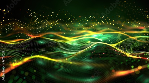 Abstract Digital Landscape with Wavy Lines and Glowing Particles