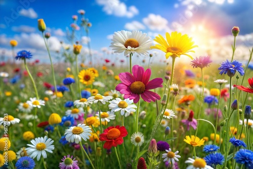 Vibrant flower field during morning sunshine captured in full bloom with blue sky