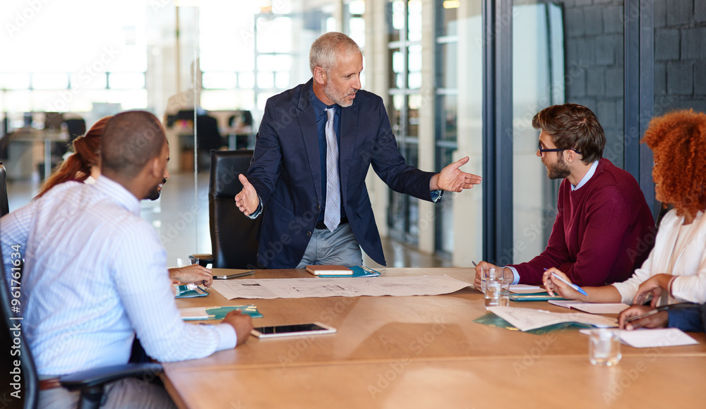 Fototapeta premium Speaking, people or architecture director in meeting for engineering, discussion and building project. Business, paperwork and designers talking in office for development, blueprint and documents
