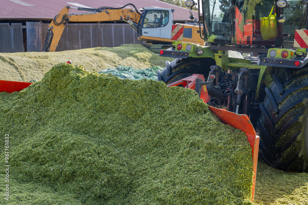 Traktor auf einer Maissilage während der Maisernte