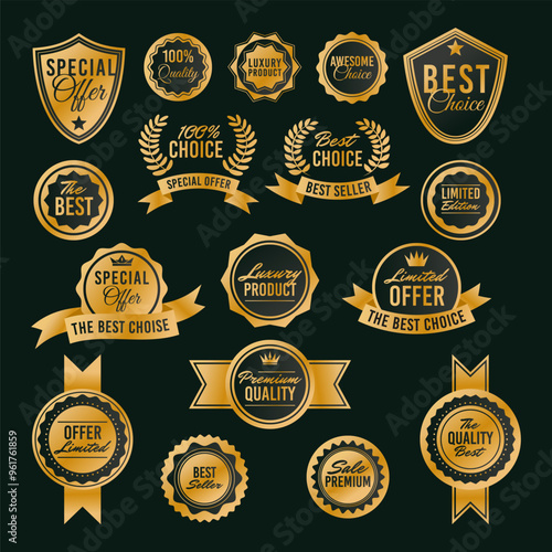 Award badge. Win gold stamp. Quality mark. Best choice icon. Premium certificate. Reward label. Golden ribbon. Special offer. Crown sticker. Limited sale tag. Vector royal super garish elements set