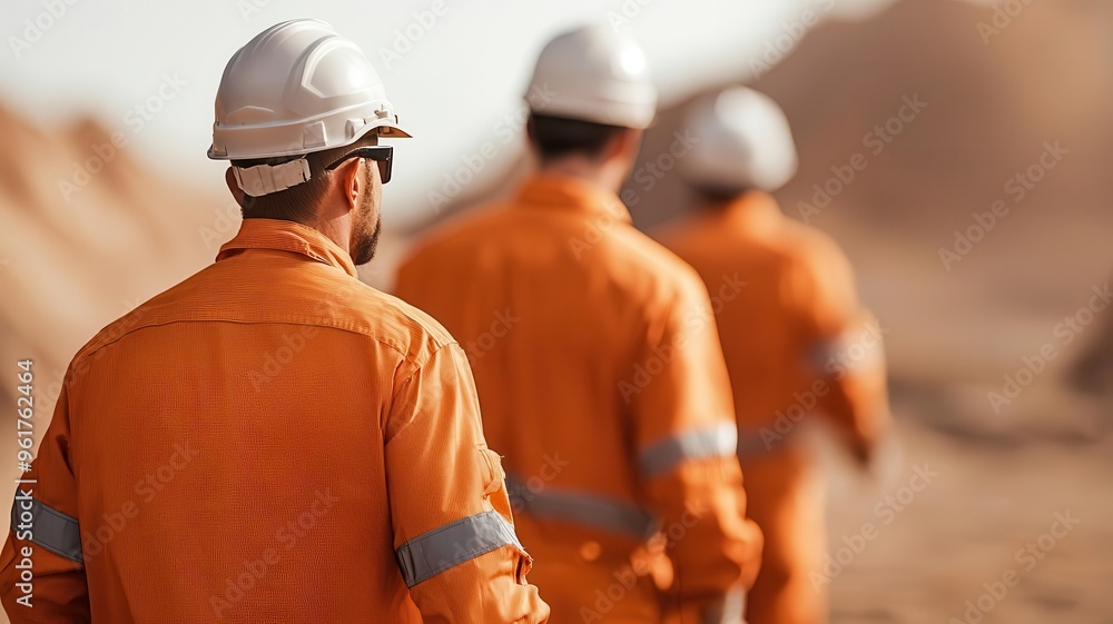 Group of engineers in uniforms discussing oil pipeline maintenance in desert landscape, engineers oil pipeline, desert oil industry Group of engineers in uniforms discussing oil pipeline maintenance in desert landscape, engineers oil pipeline, desert oil industry