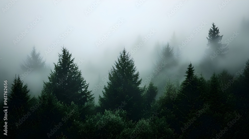 A moody shot of a forest shrouded in morning mist, with the silhouettes of trees barely visible against a gray, foggy sky. A moody shot of a forest shrouded in morning mist, with the silhouettes of trees barely visible against a gray, foggy sky.