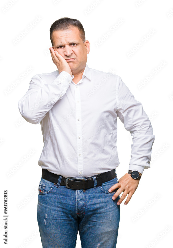 Middle age arab elegant man over isolated background thinking looking tired and bored with depression problems with crossed arms. Middle age arab elegant man over isolated background thinking looking tired and bored with depression problems with crossed arms.