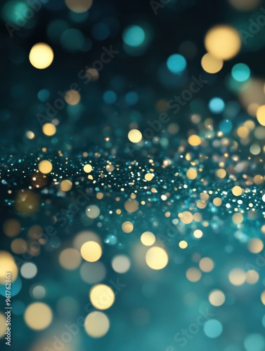 Teal green and gold abstract glitter bokeh background. Holiday texture confetti celebration