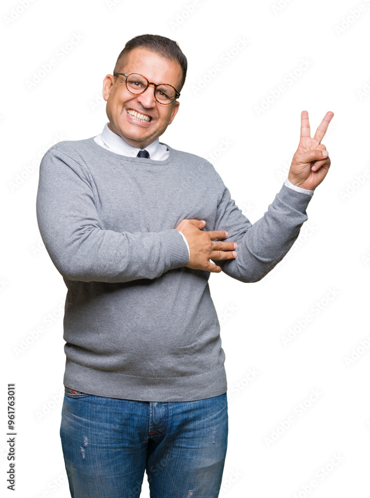 Middle age bussines arab man wearing glasses over isolated background smiling with happy face winking at the camera doing victory sign. Number two. Middle age bussines arab man wearing glasses over isolated background smiling with happy face winking at the camera doing victory sign. Number two.