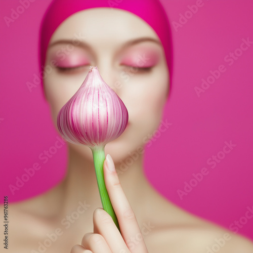 A woman holding a piece of ...