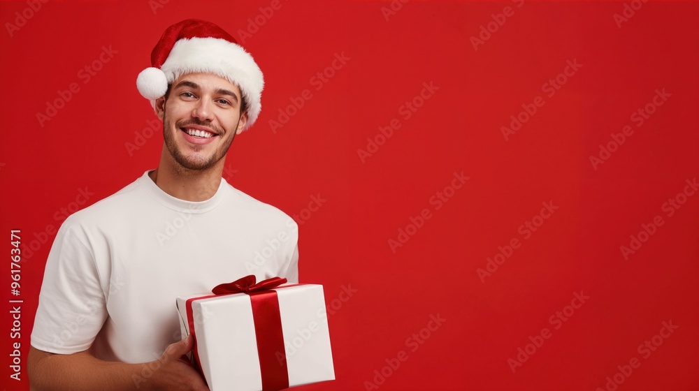A cheerful man in a white t-shirt and Santa hat holding a gift box, with a red background. A cheerful man in a white t-shirt and Santa hat holding a gift box, with a red background.