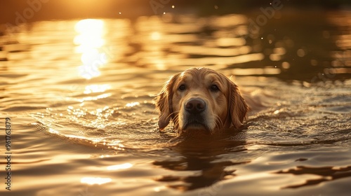 A golden retriever swimming in a sunlit lake, capturing a serene moment in nature. photo