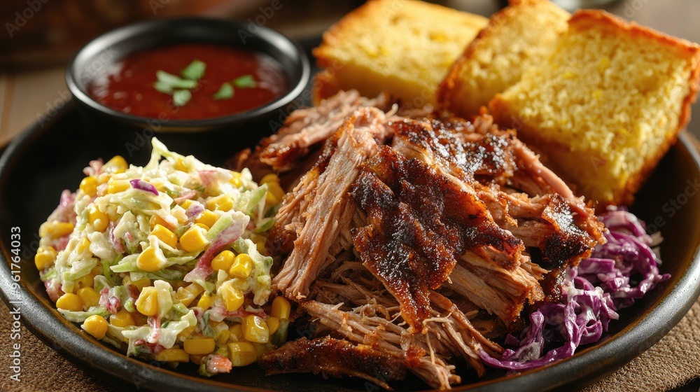 Delicious bbq pulled pork being served with cornbread and coleslaw Delicious bbq pulled pork being served with cornbread and coleslaw