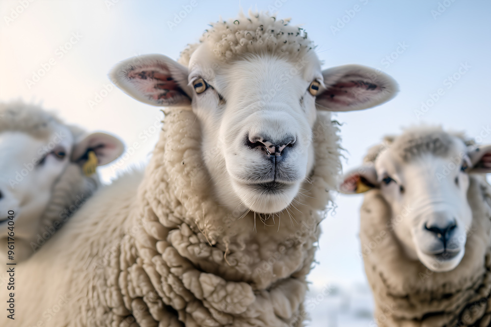 Fototapeta premium Close-up of a sheeps against the sky. Concept of livestock on a farm