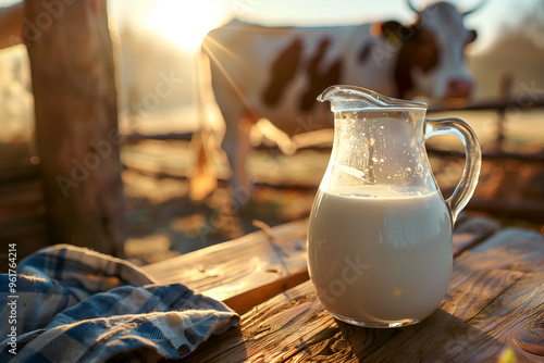 A jug of cow's milk on a farm. Farm cattle concept