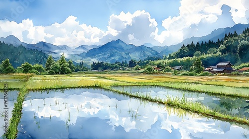 Watercolor Painting of a Tranquil Rice Paddy Field in the Mountains.