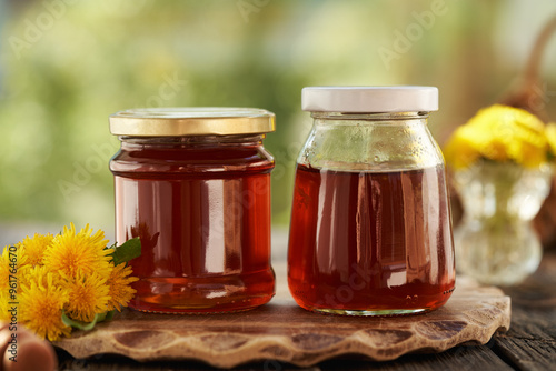 Two jars of dandelion honey - syrup made of fresh Taraxacum flowers photo