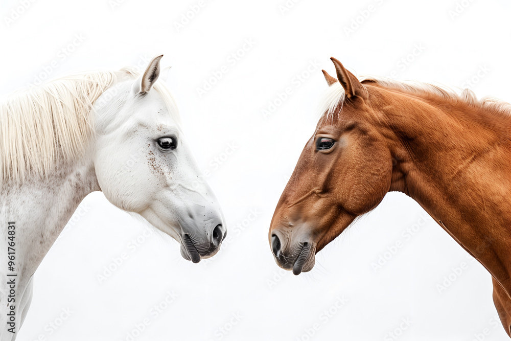 Fototapeta premium Two horses opposite each other isolated on white background