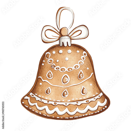 Hand-Painted Gingerbread Bell: Watercolor Christmas Treat. png file, watercolor illustration isolated on white
 photo