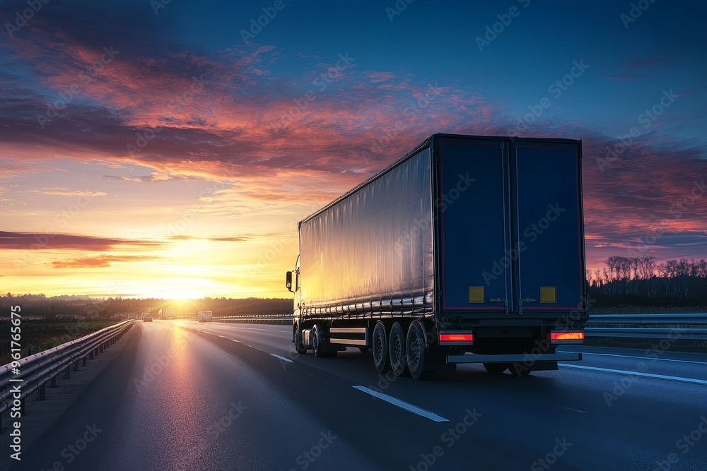 Container truck running on highway road on sunset blue sky background at cargo transportation logistics industry concept, generative AI. Container truck running on highway road on sunset blue sky background at cargo transportation logistics industry concept, generative AI.