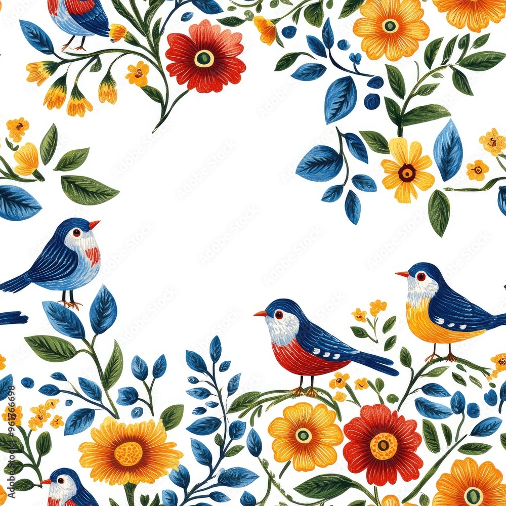 Seamless floral pattern with bird spreading its wings over exotic flowers Seamless floral pattern with bird spreading its wings over exotic flowers