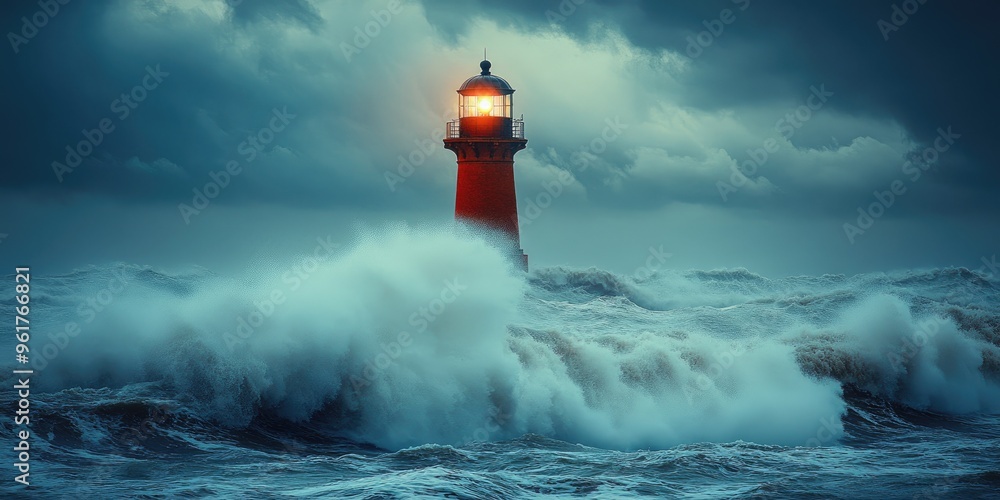 Red lighthouse standing strong in raging ocean storm at dusk Red lighthouse standing strong in raging ocean storm at dusk