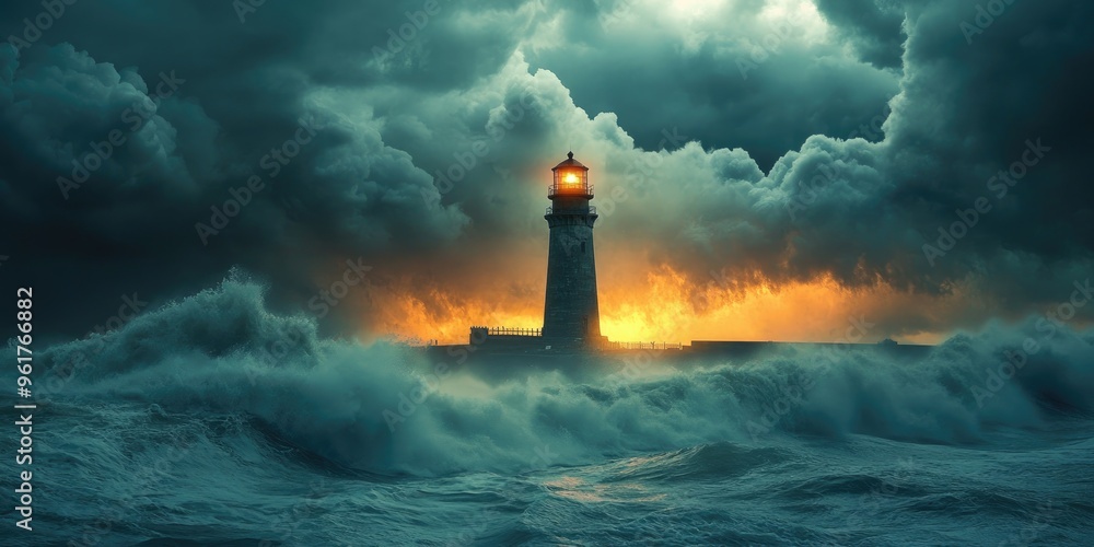 Fototapeta premium Lighthouse standing strong against ocean storm and dramatic sky at sunset