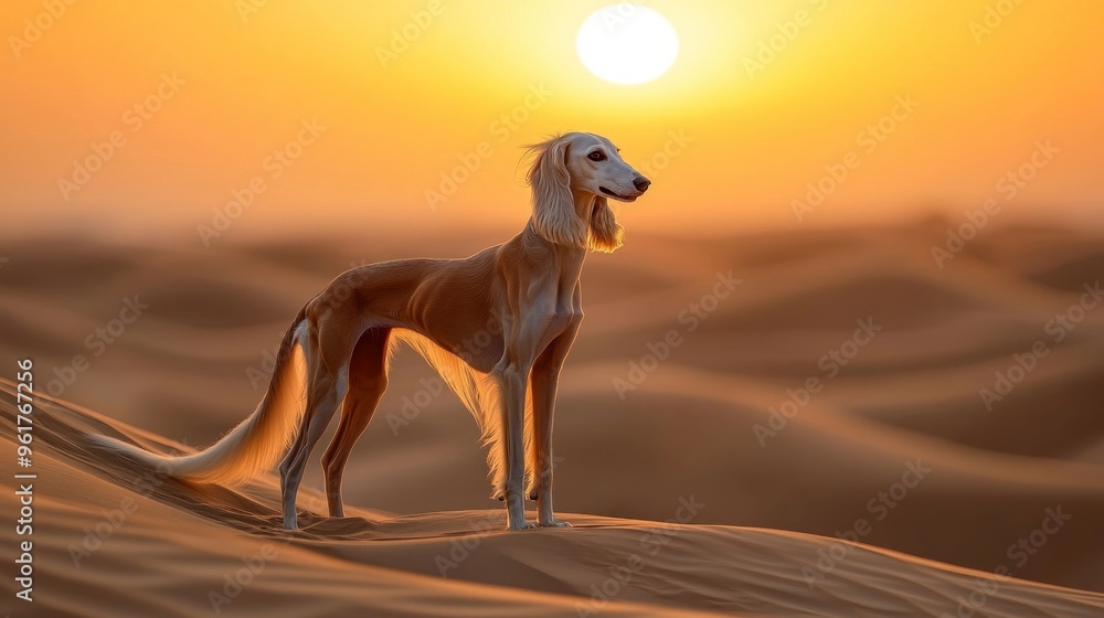 A graceful dog stands in a desert at sunset, highlighting beauty and serenity in nature. A graceful dog stands in a desert at sunset, highlighting beauty and serenity in nature.