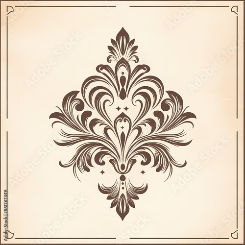 Ornate Brown Floral Design on Beige Background with Frame