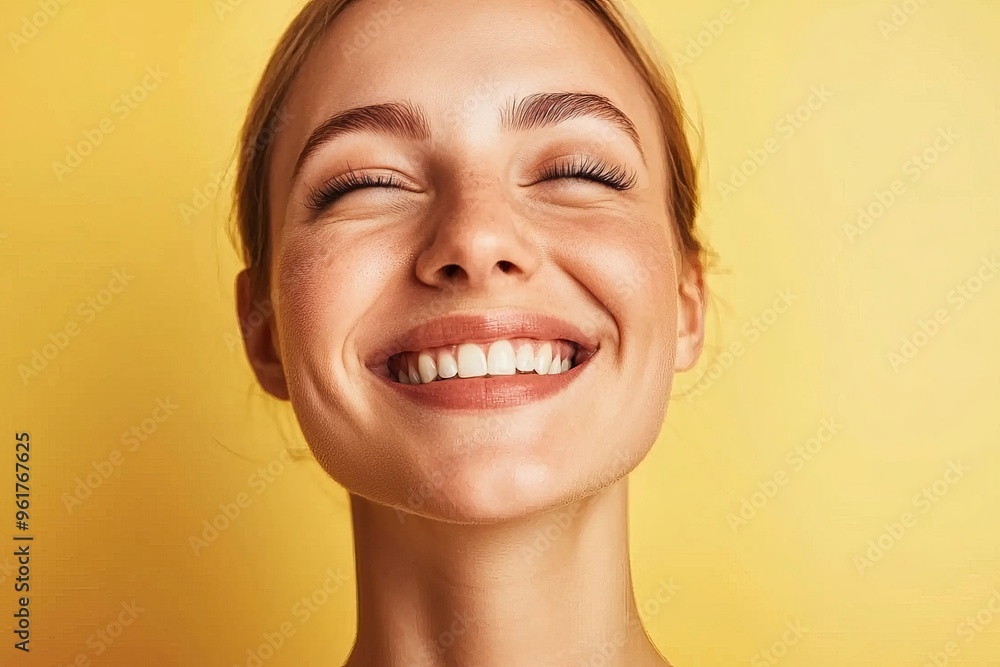 Smiling teen girl with natural blonde hair against yellow background, closeup Smiling teen girl with natural blonde hair against yellow background, closeup