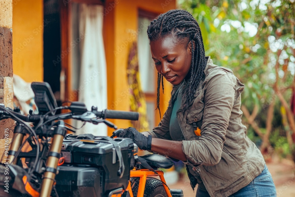 The female cyclist inspects the pedals and brakes of her bike with great attention to detail. This female cyclist does bicycle maintenance with keen eye for detail. The female cyclist inspects the pedals and brakes of her bike with great attention to detail. This female cyclist does bicycle maintenance with keen eye for detail.