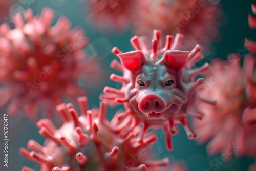 Aggressive-looking pig's head metaphor threatening health crises. Sinister depiction of pig virus head highlights health risks. This image allegorically depicts anger  photo