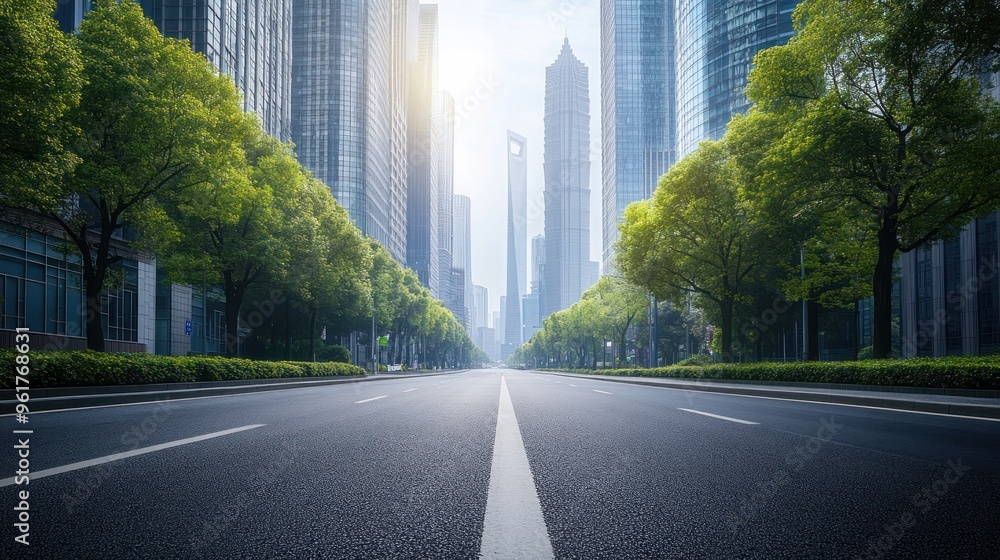 Close up clean empty road on modern office of city building buildings. AI generated Close up clean empty road on modern office of city building buildings. AI generated
