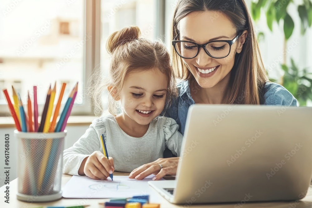 Fototapeta premium Work-at-home freelancer with her little daughter at a laptop.